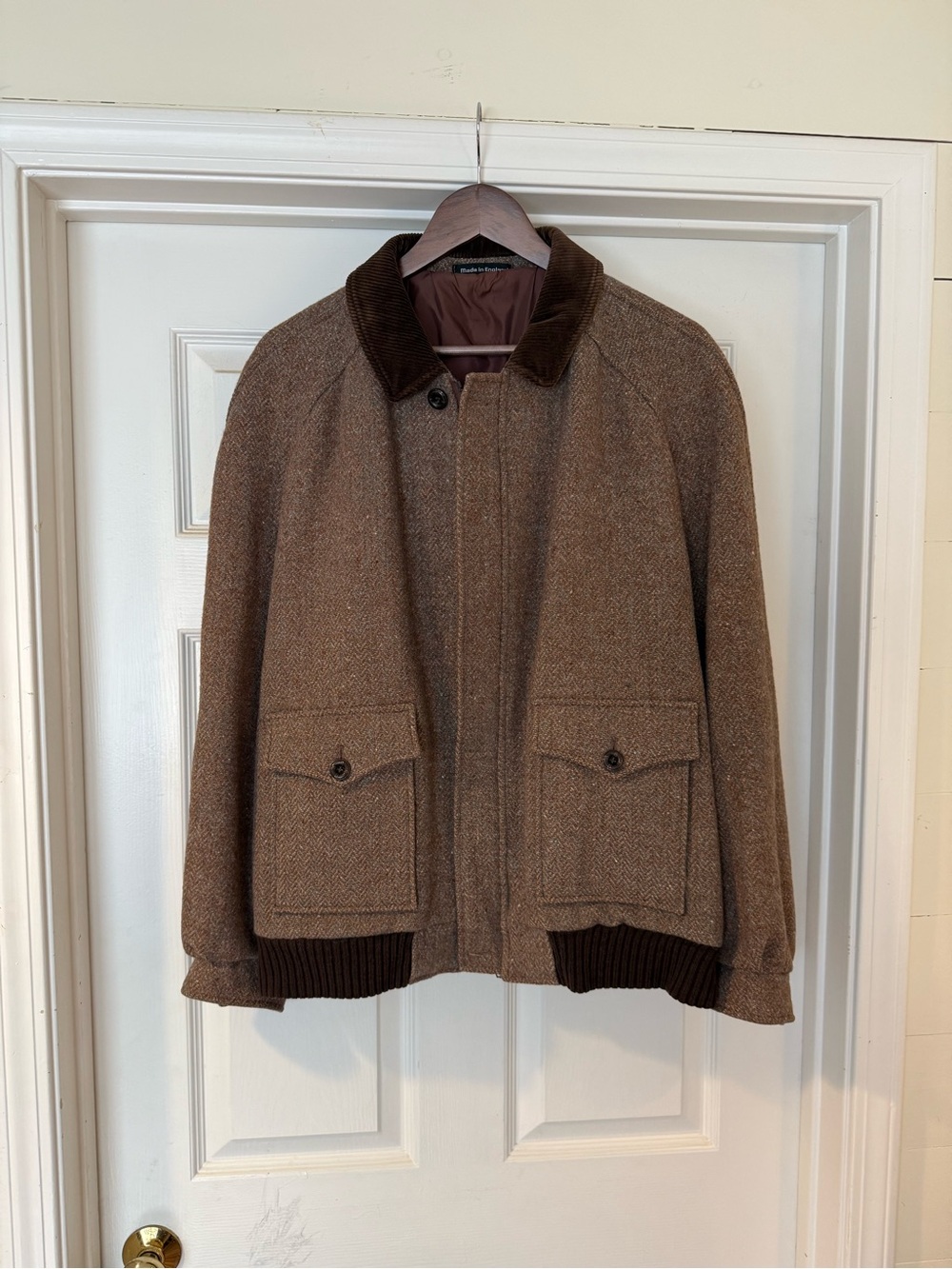 Men's Harris Tweed Brown Wool-Blend Bomber Jacket with Corduroy Collar